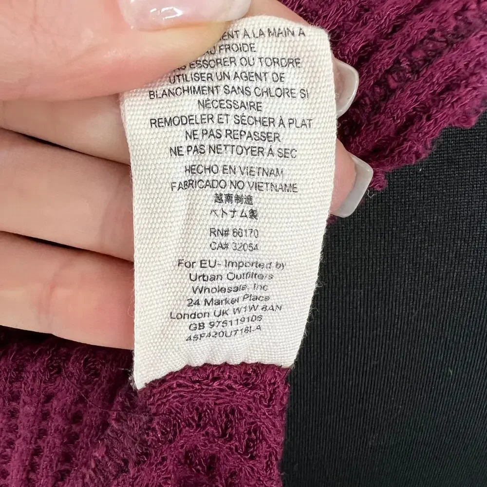 Free People Burgundy Purple Waffle Knit Plunge Neck Asymmetric Thermal Top S
